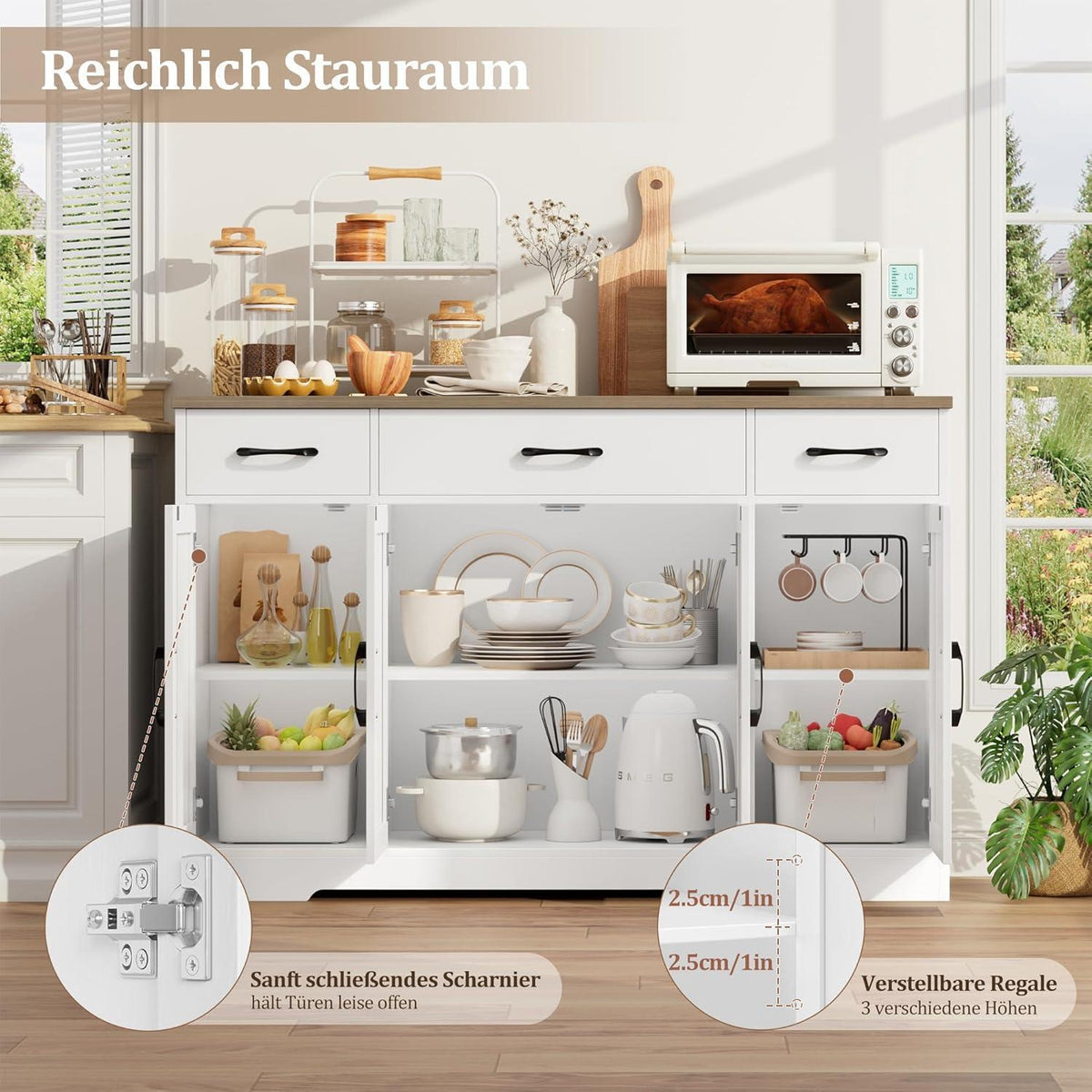 Sideboard 140cm mit Schubladen & Regalen – Weiß & Braun