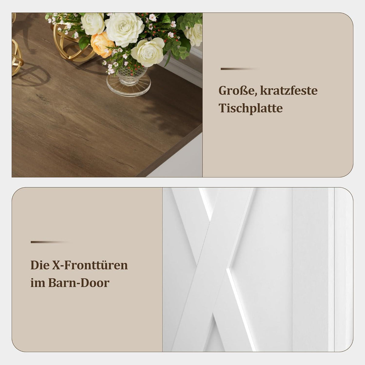 Sideboard 140cm mit Schubladen & Regalen – Weiß & Braun