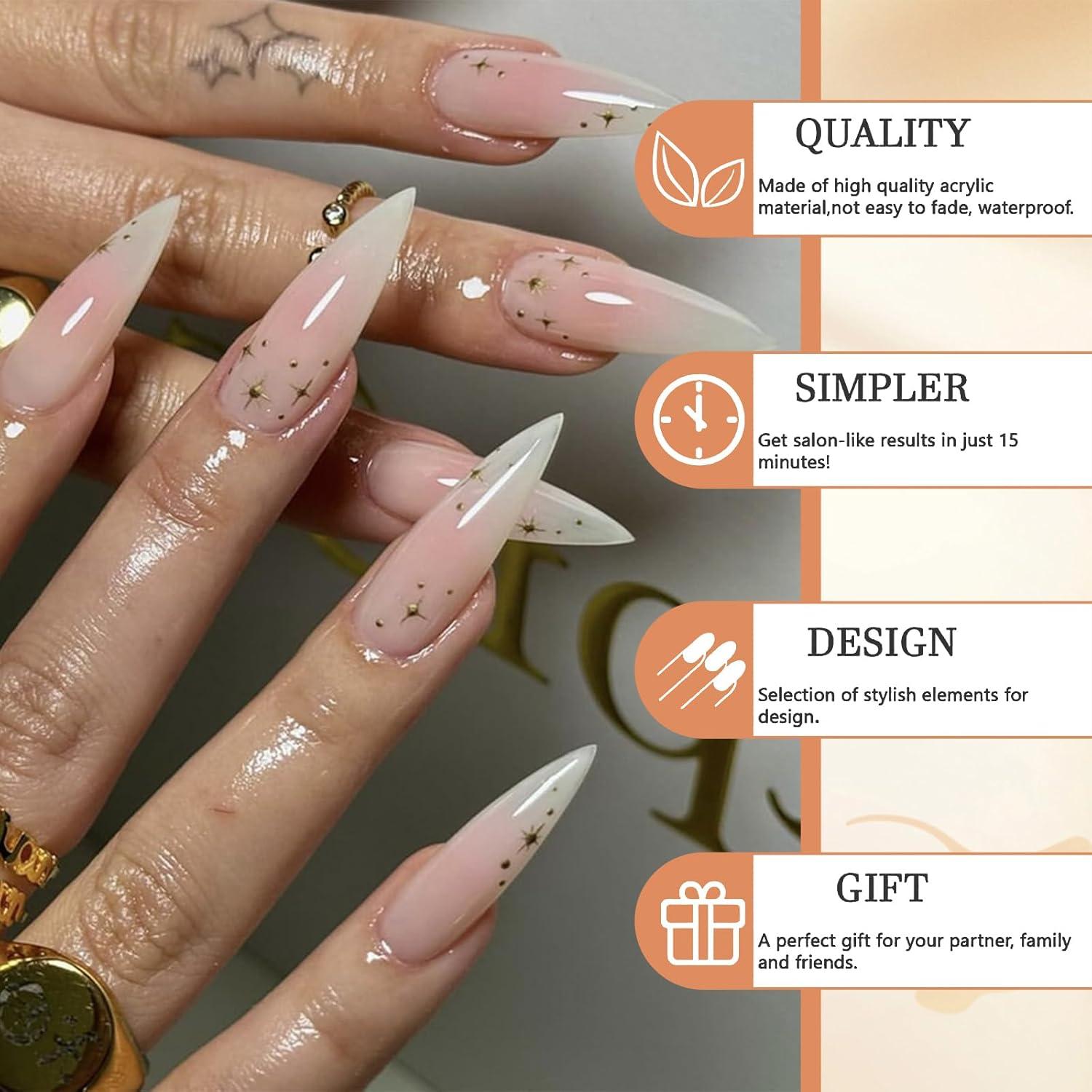 24er Set Lange Stiletto Falsche Nägel Rosa Ombre Glitzer Sternaufkleber