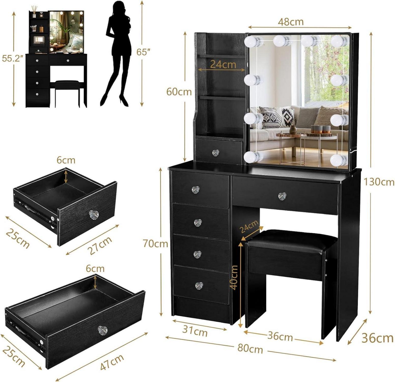 Schminktisch mit LED-Spiegel und Hocker Schwarz Make-up Tisch 80x34x130cm