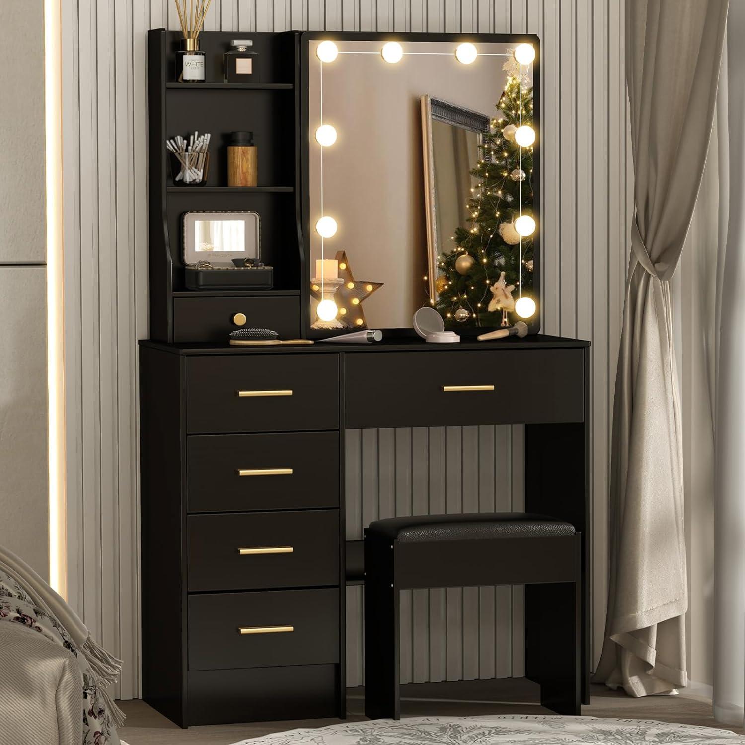 Schminktisch mit LED-Spiegel und Hocker, Schwarz, 80x34x130cm