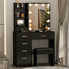 Schminktisch mit LED-Spiegel und Hocker, Schwarz, 80x34x130cm