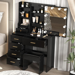 Schminktisch mit Beleuchtung und Hocker Schwarz 80x34x130cm