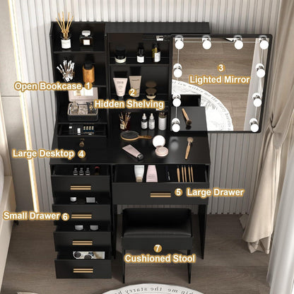 Schminktisch mit LED-Beleuchtung und Hocker, Schwarz 80x34x130cm
