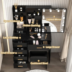 Schminktisch mit LED-Beleuchtung und Hocker, Schwarz 80x34x130cm