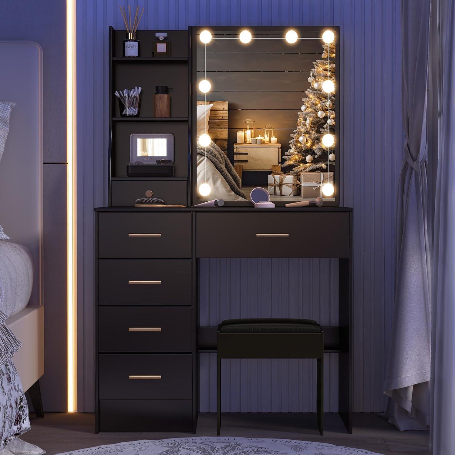 Schwarzer Schminktisch mit Spiegel und Hocker - LED Beleuchtung - 130 cm