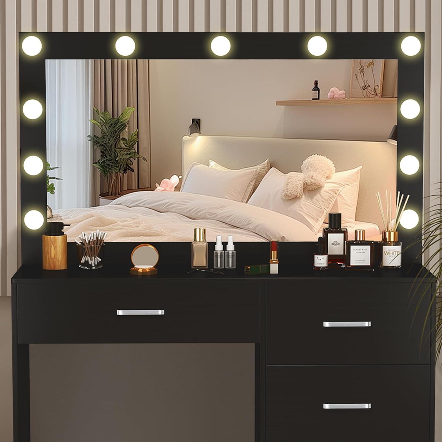 Schminktisch mit Spiegel und Hocker Schwarz LED Beleuchtung 80x34x130cm