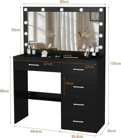 Schminktisch mit Spiegel und Hocker Schwarz 3 Licht-Farbmodi 80x34x130cm