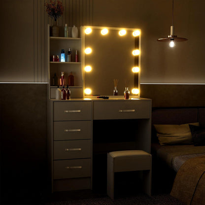 Schminktisch mit LED-Beleuchtung und Hocker, weiß, 80x34x130cm
