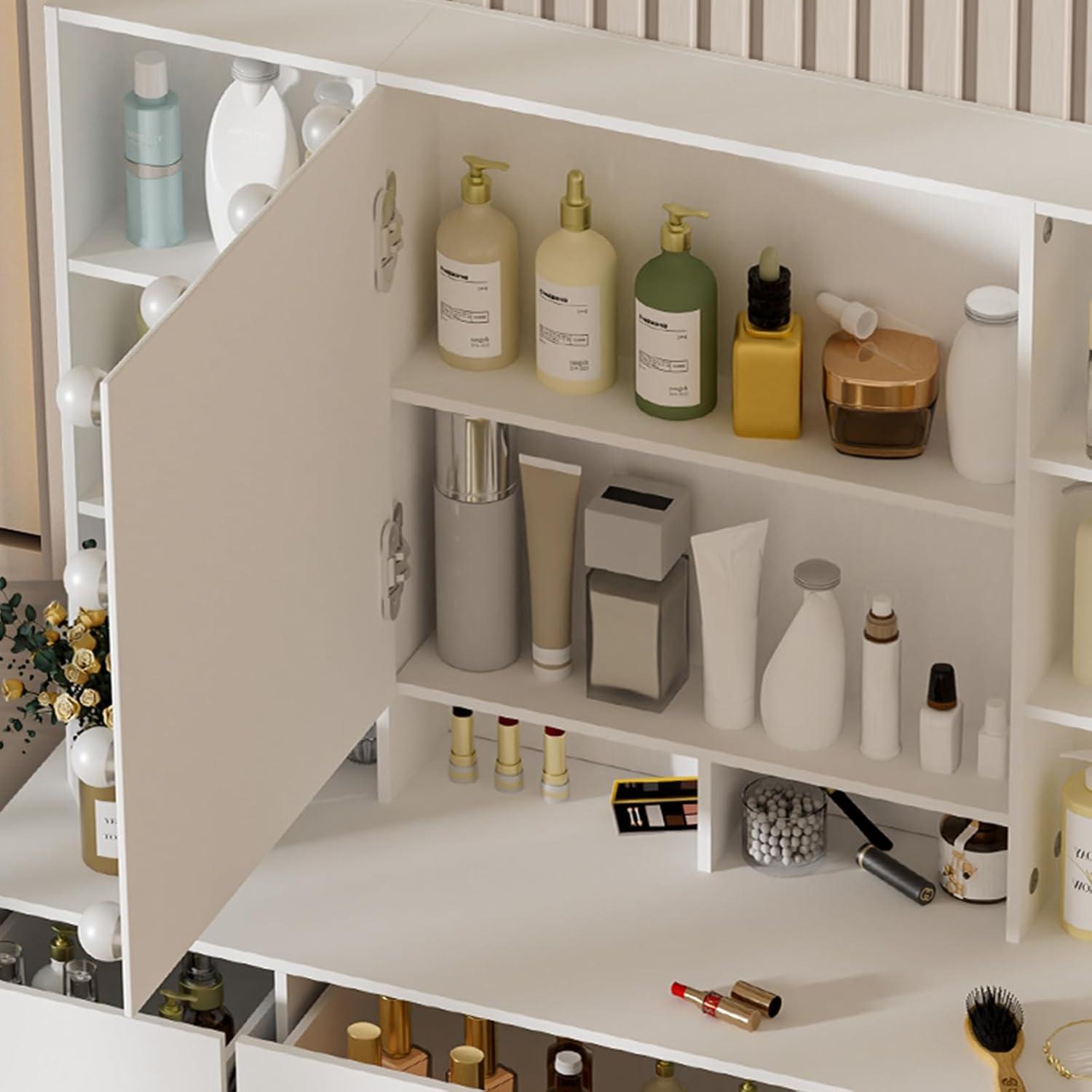 Weißer Schminktisch mit Spiegel, Hocker & Beleuchtung 100x40x140cm