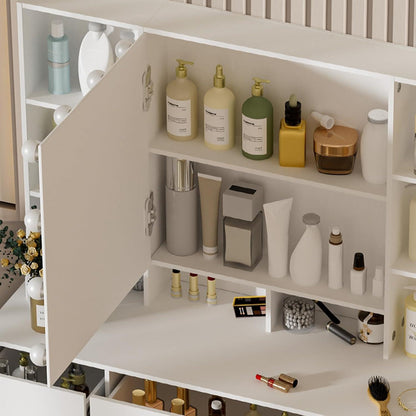 Weißer Schminktisch mit Spiegel, Hocker & Beleuchtung 100x40x140cm
