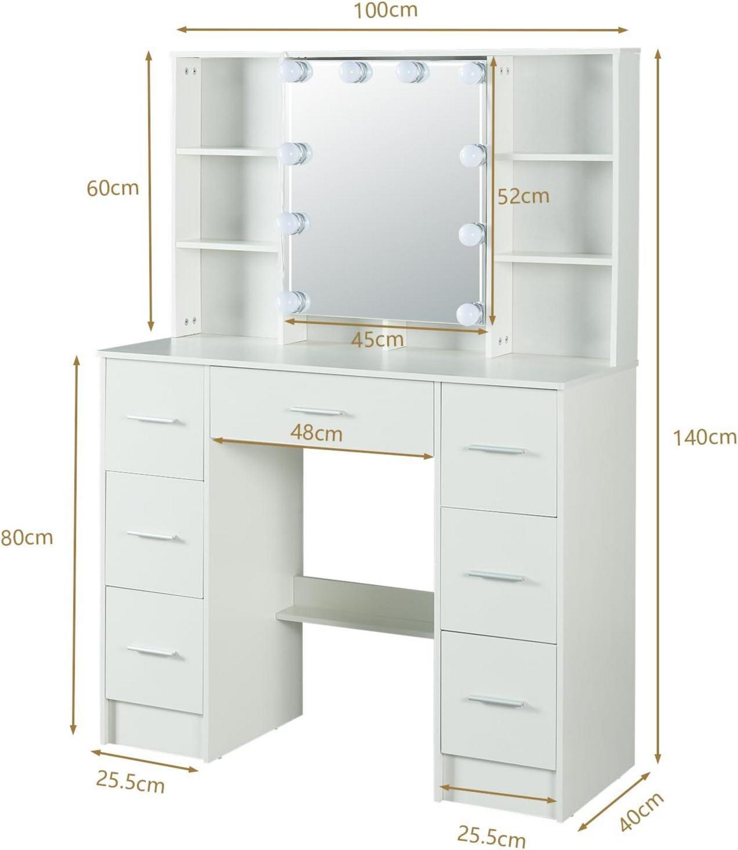 Schminktisch mit Spiegel und Hocker, weiß, Beleuchtung, Stauraum, 100x40x140cm