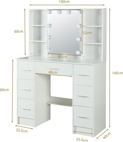 Schminktisch mit Spiegel und Hocker, weiß, Beleuchtung, Stauraum, 100x40x140cm