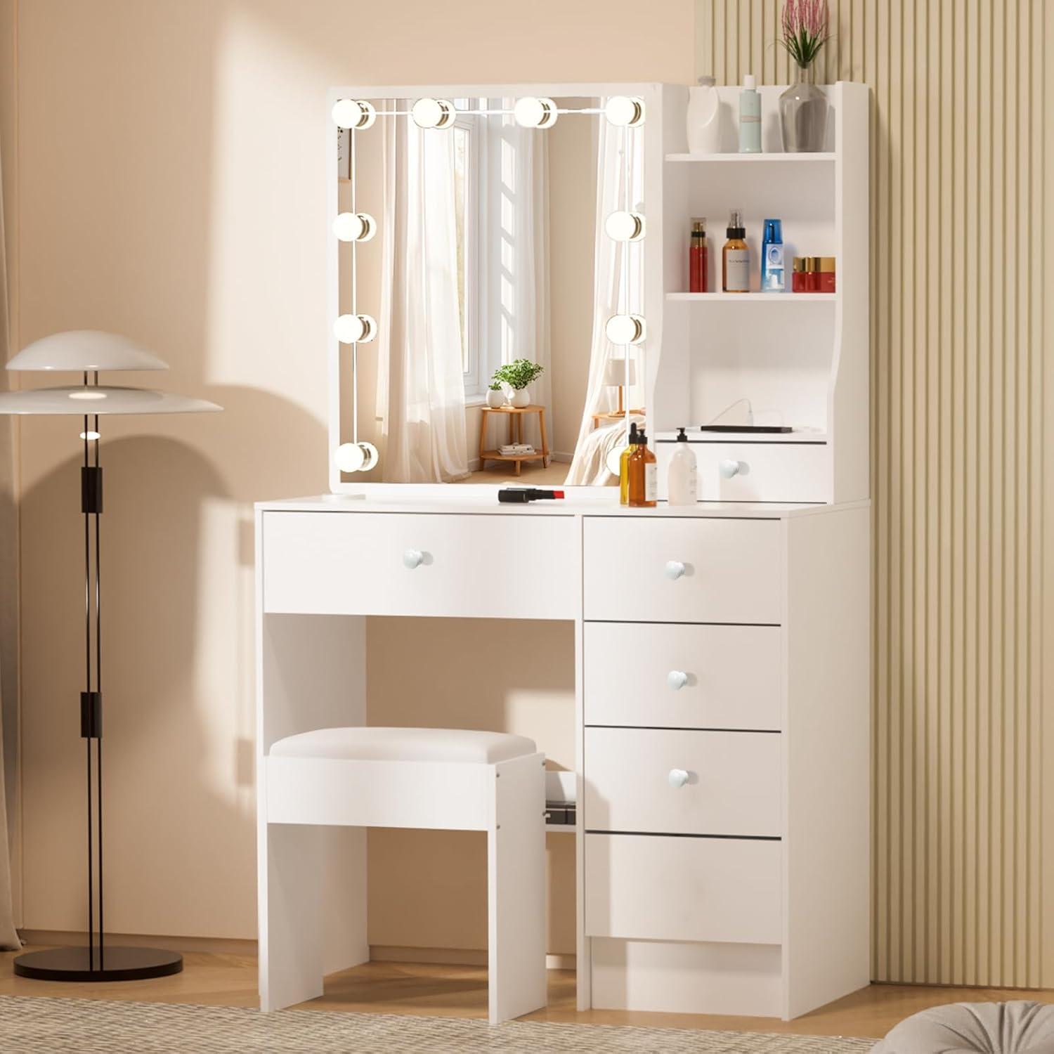 Schminktisch mit Spiegel und Hocker weiß LED-Licht 80x34x130cm