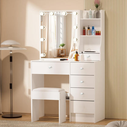 Schminktisch mit Spiegel und Hocker weiß LED-Licht 80x34x130cm