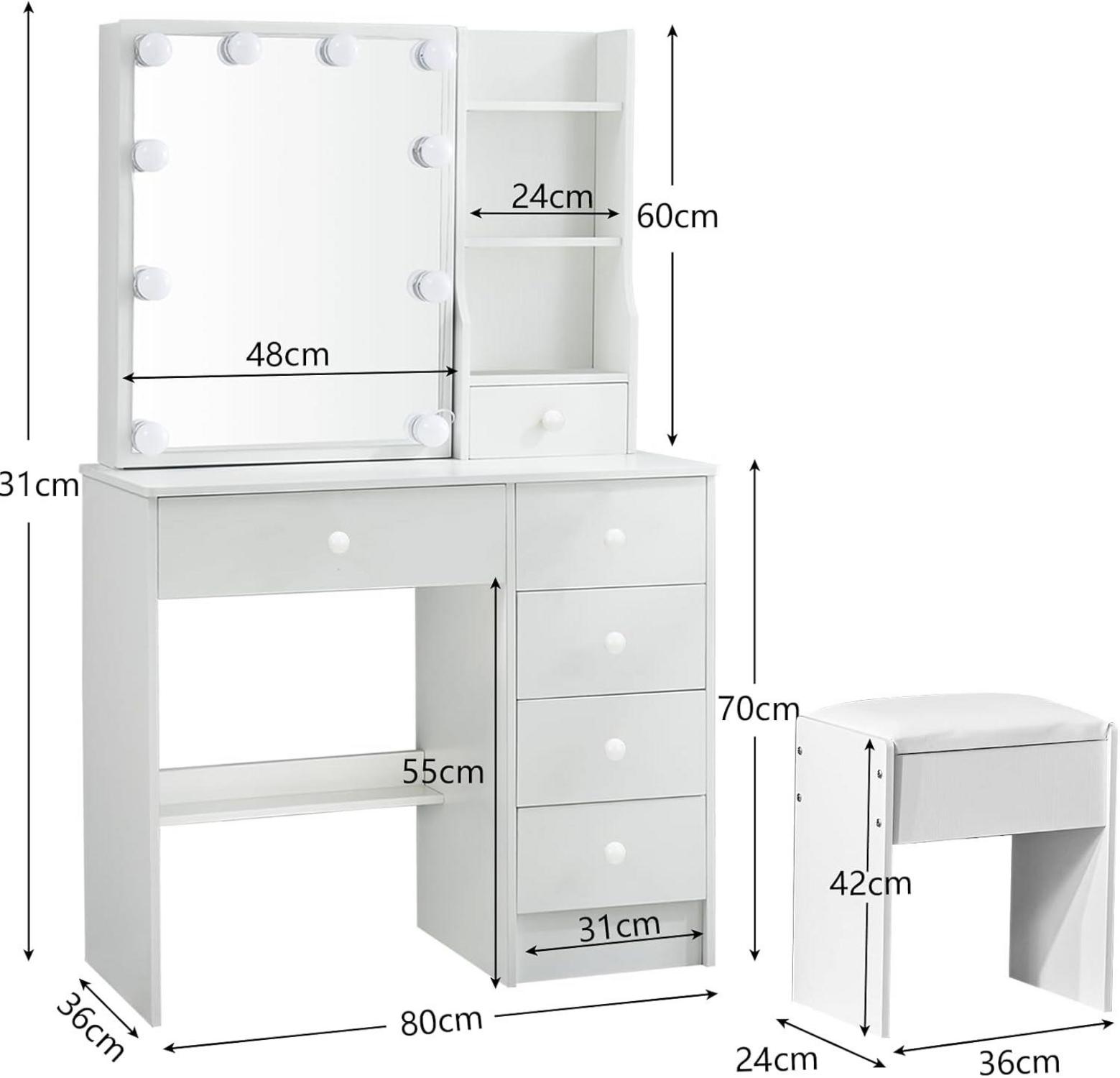 Schminktisch weiß mit LED-Spiegel und Hocker, 3 Lichtmodi 80x34x130cm