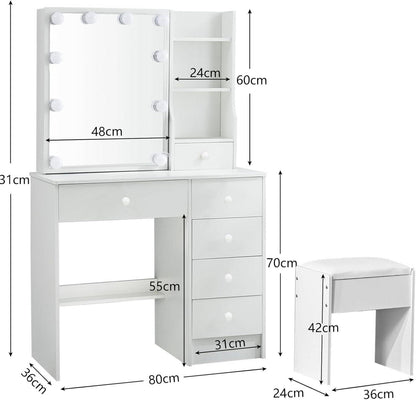 Schminktisch weiß mit LED-Spiegel und Hocker, 3 Lichtmodi 80x34x130cm