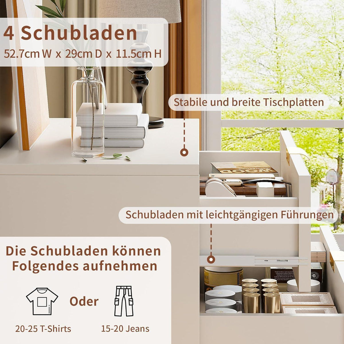 Weißer Schubladenschrank mit Metallfüßen & Griffen