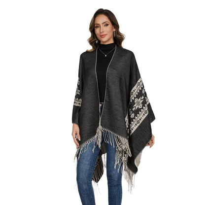Poncho Damen Schwarz Beige – Kuscheliger Schal & Stola Einheitsgröße