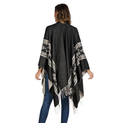 Poncho Damen Schwarz Beige – Kuscheliger Schal & Stola Einheitsgröße