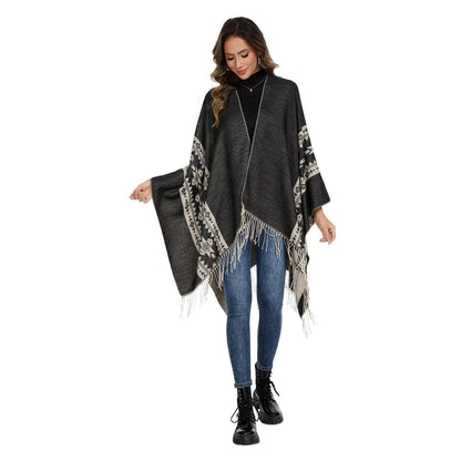 Poncho Damen Schwarz Beige – Kuscheliger Schal & Stola Einheitsgröße