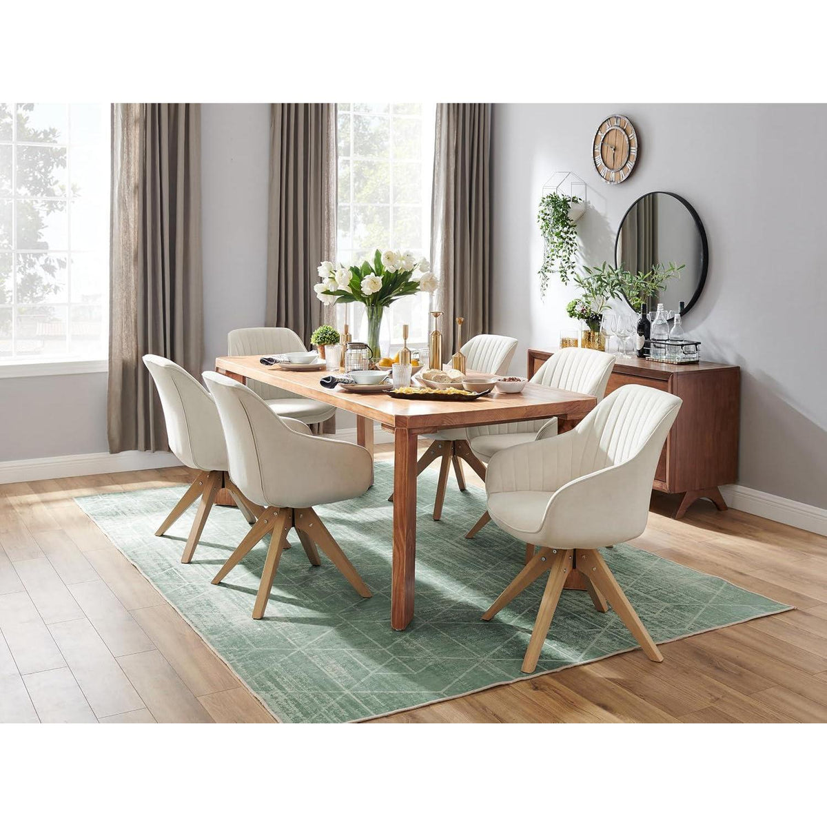 Drehbarer Esszimmerstuhl 2er Set Beige Samt mit Eichenholzbeinen