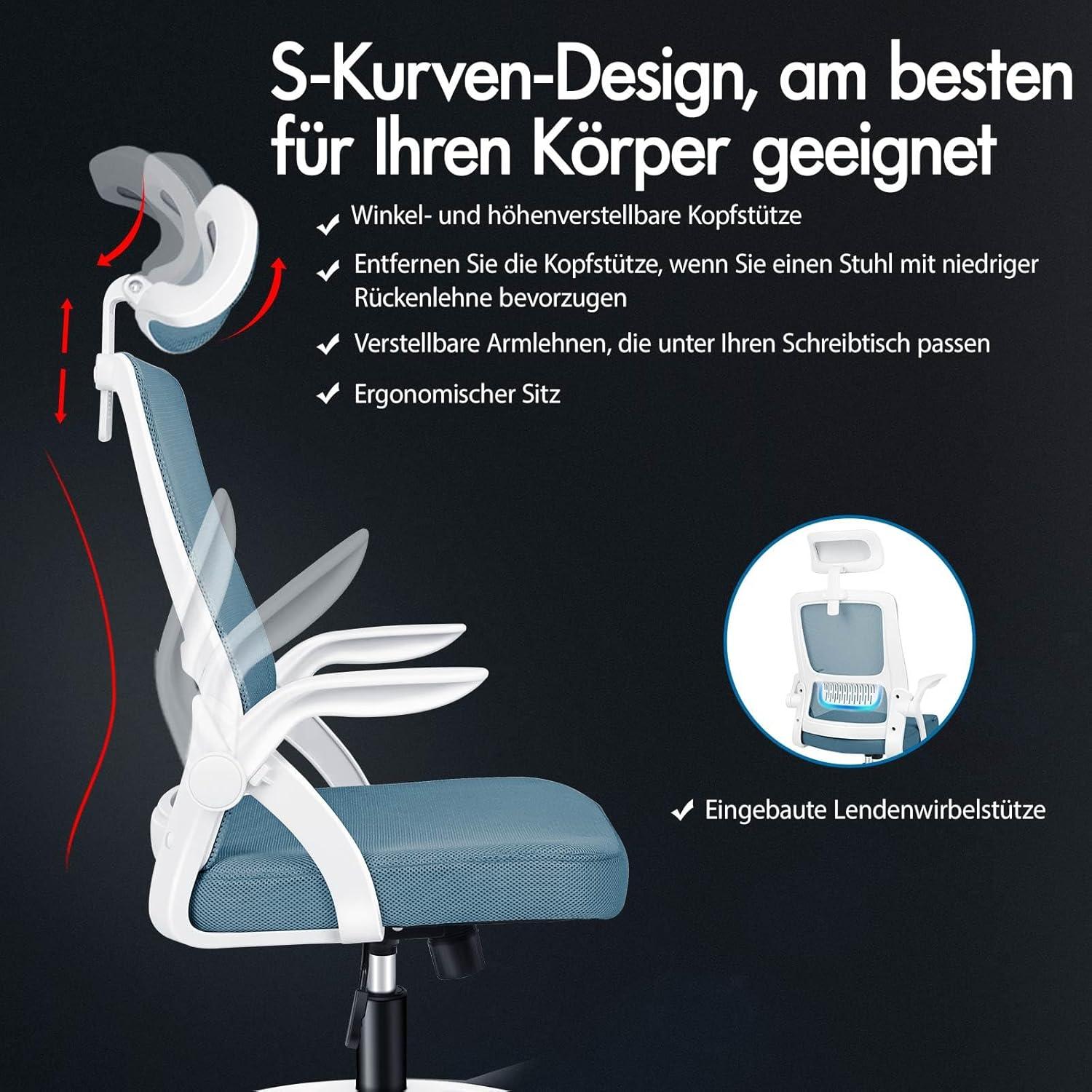 Ergonomischer Bürostuhl Lordosenstütze Premium Netzgewebe Himmelblau