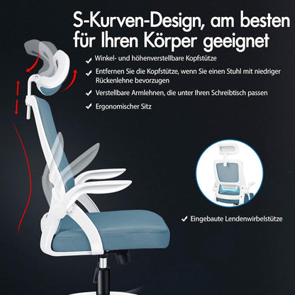 Ergonomischer Bürostuhl Lordosenstütze Premium Netzgewebe Himmelblau