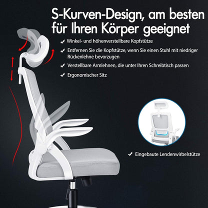 Ergonomischer Bürostuhl mit Lordosenstütze & Kopfstütze, hochklappbare