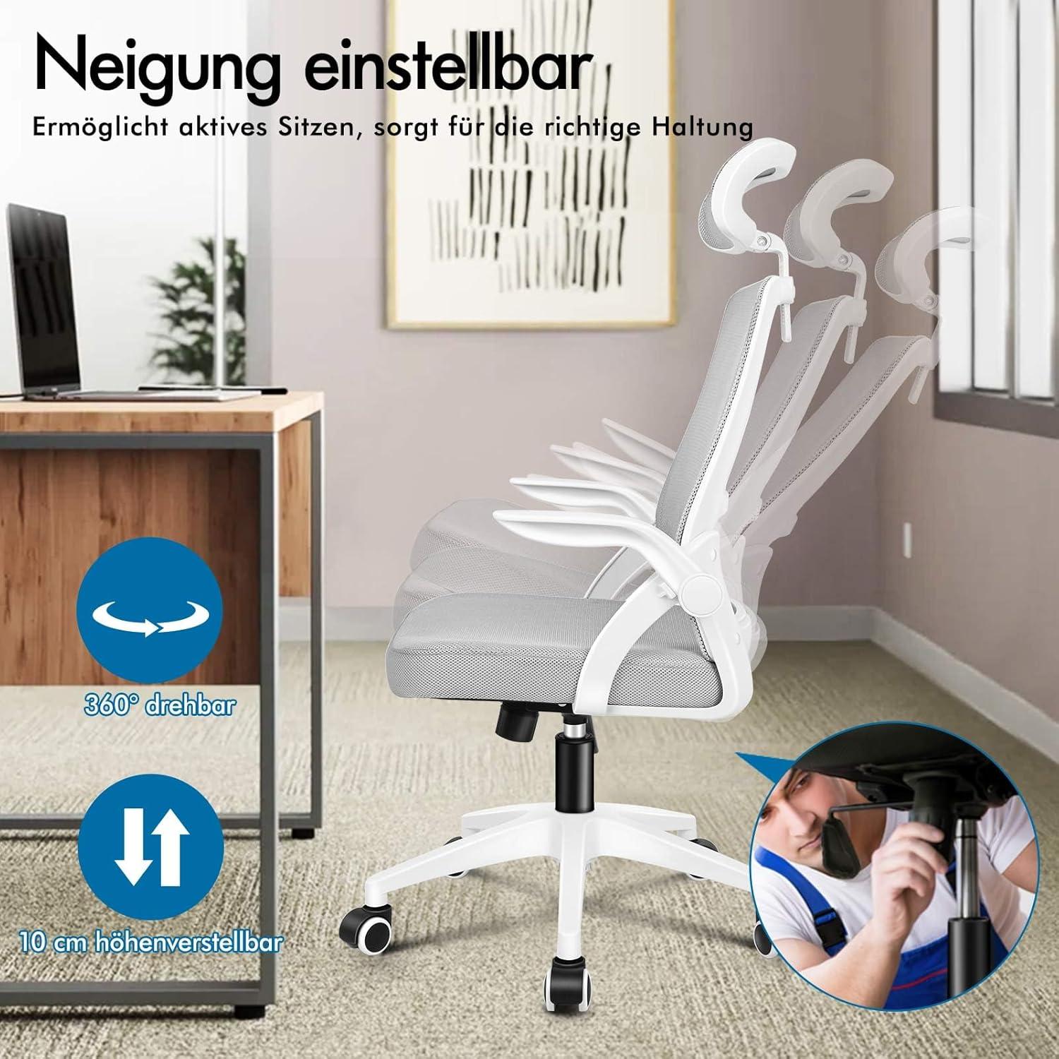 Ergonomischer Bürostuhl mit Lordosenstütze & Kopfstütze, hochklappbare