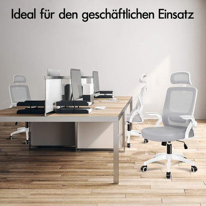 Ergonomischer Bürostuhl mit Lordosenstütze und Kopfstütze, Grau