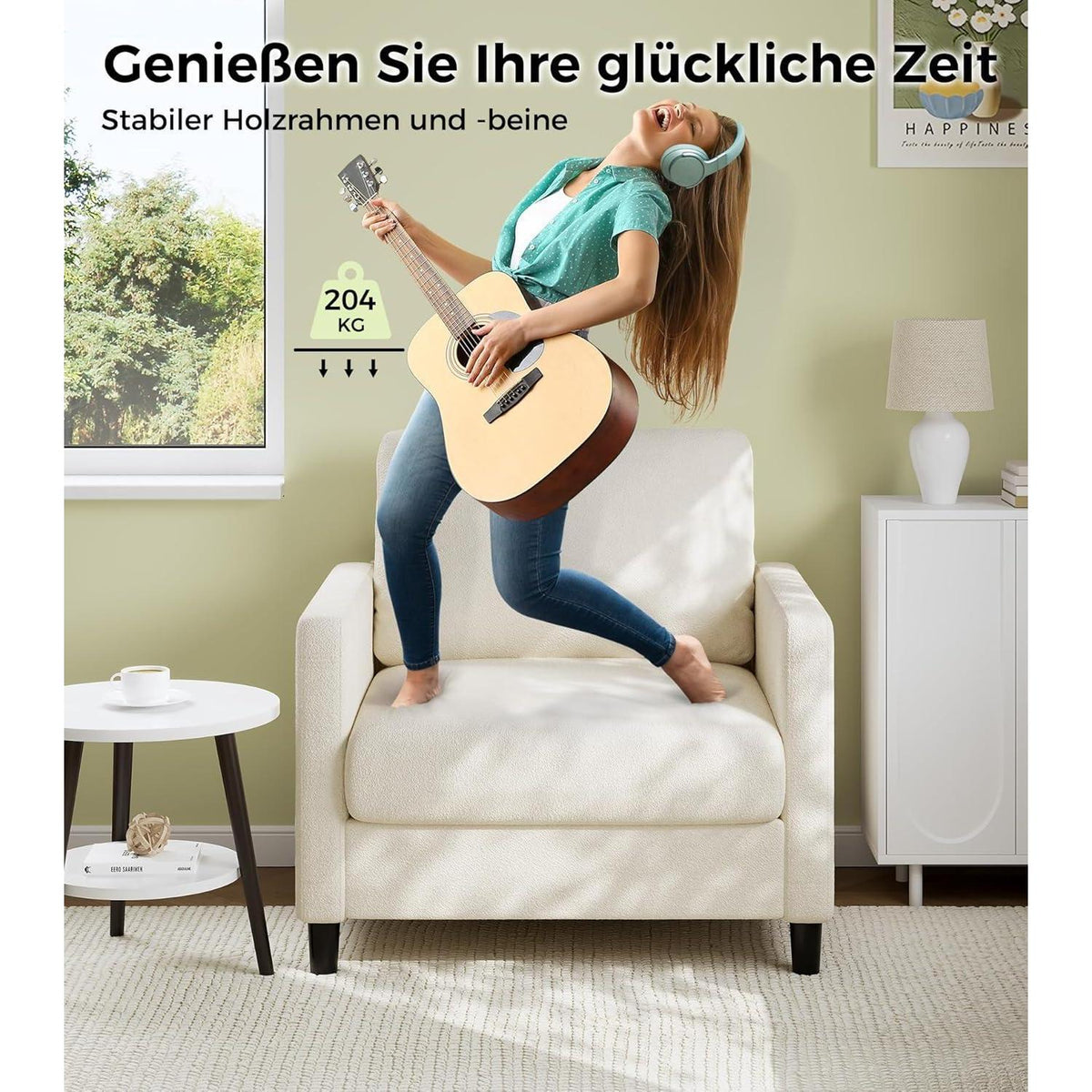 Bequemer Lesesessel Wohnzimmer – 84cm, Beige/Weiß