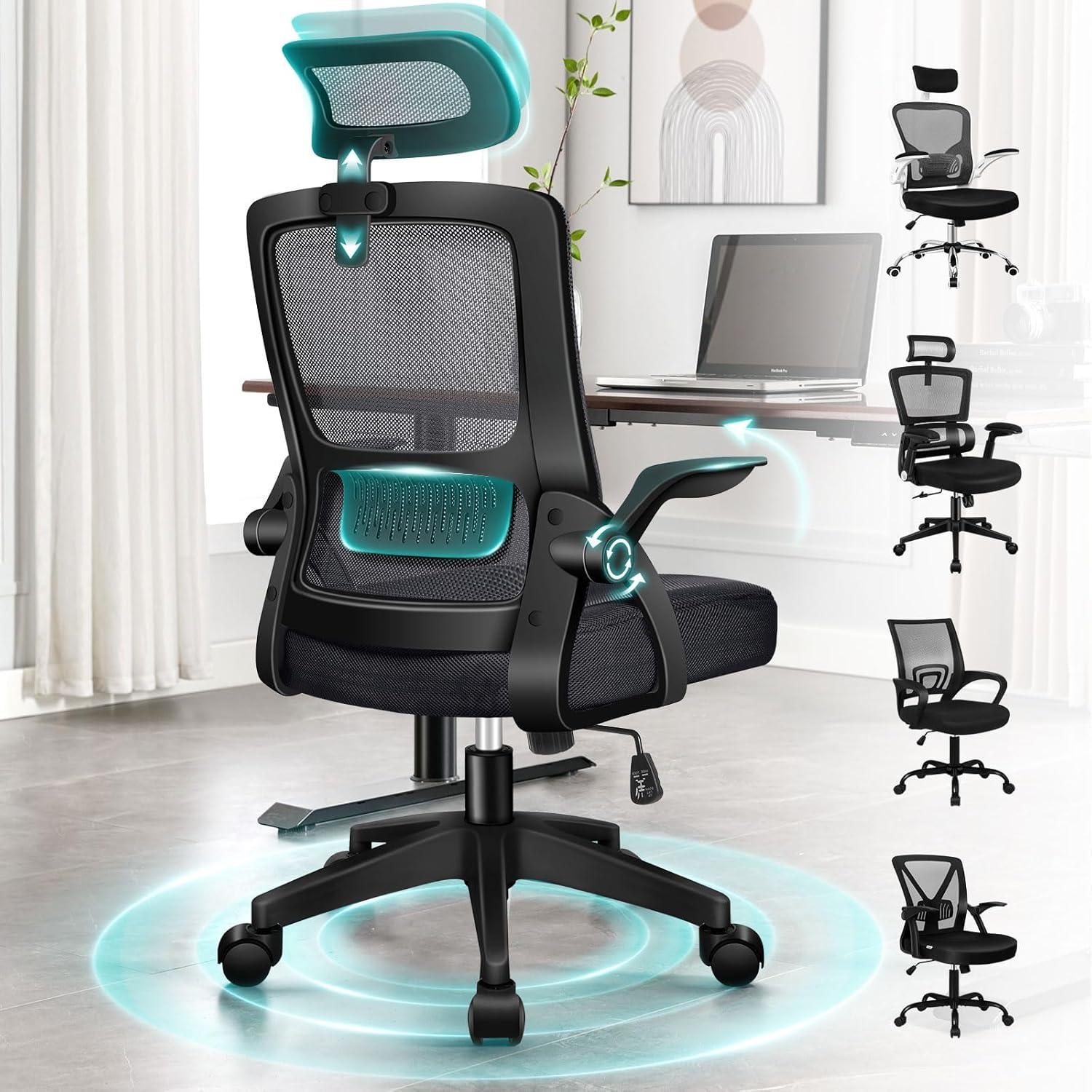 Ergonomischer Bürostuhl mit Lordosenstütze und Armlehnen, Schwarz