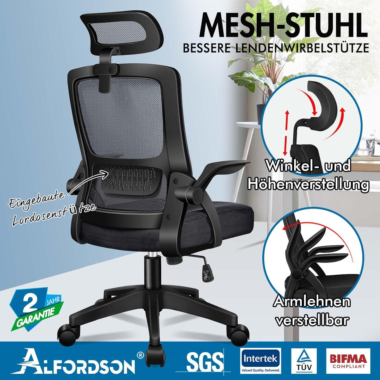 Ergonomischer Bürostuhl mit Lordosenstütze und Armlehnen, Schwarz