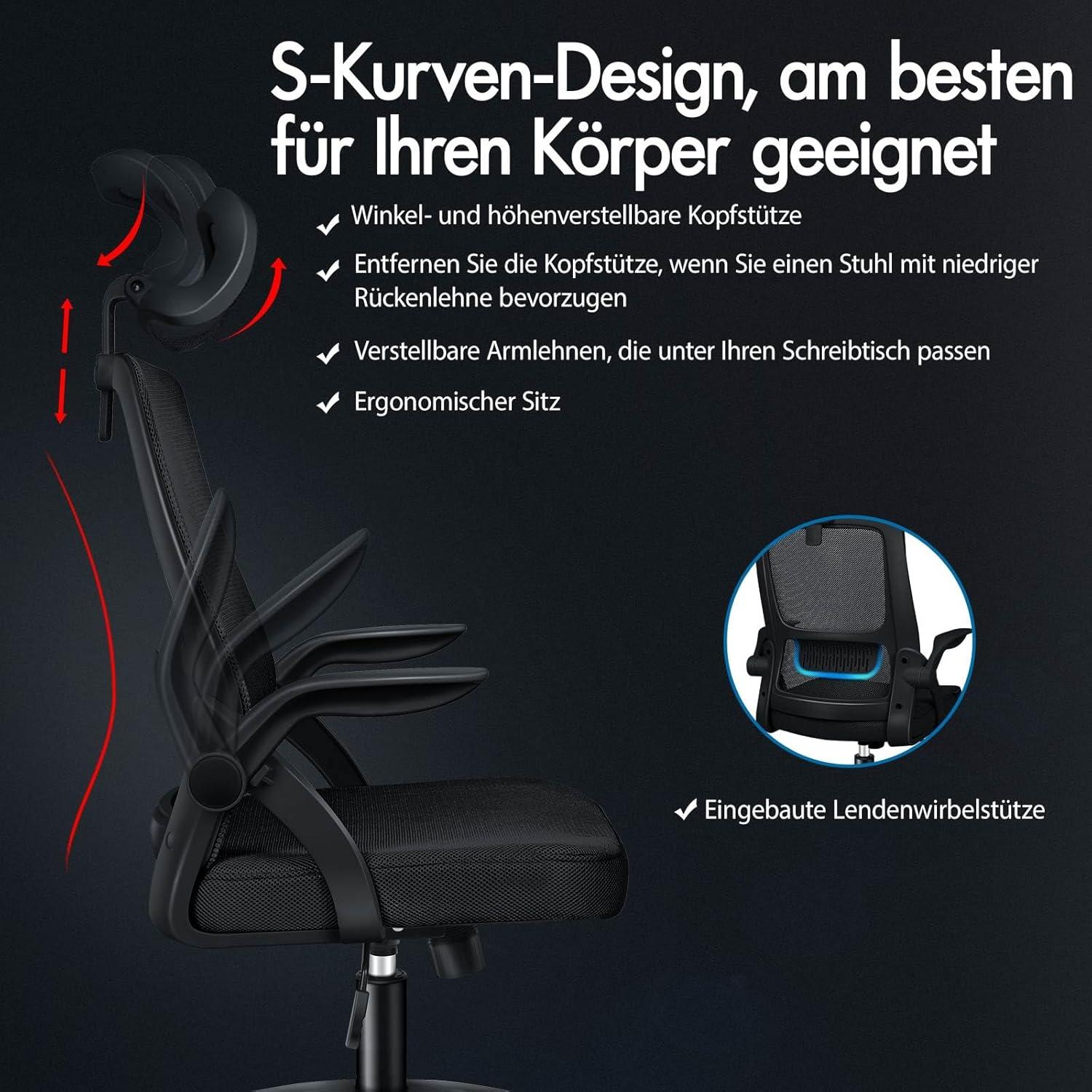 Ergonomischer Computer-Netzstuhl mit Lordosenstütze, Kopfstütze, Armlehnen, neigbar - Schwarz