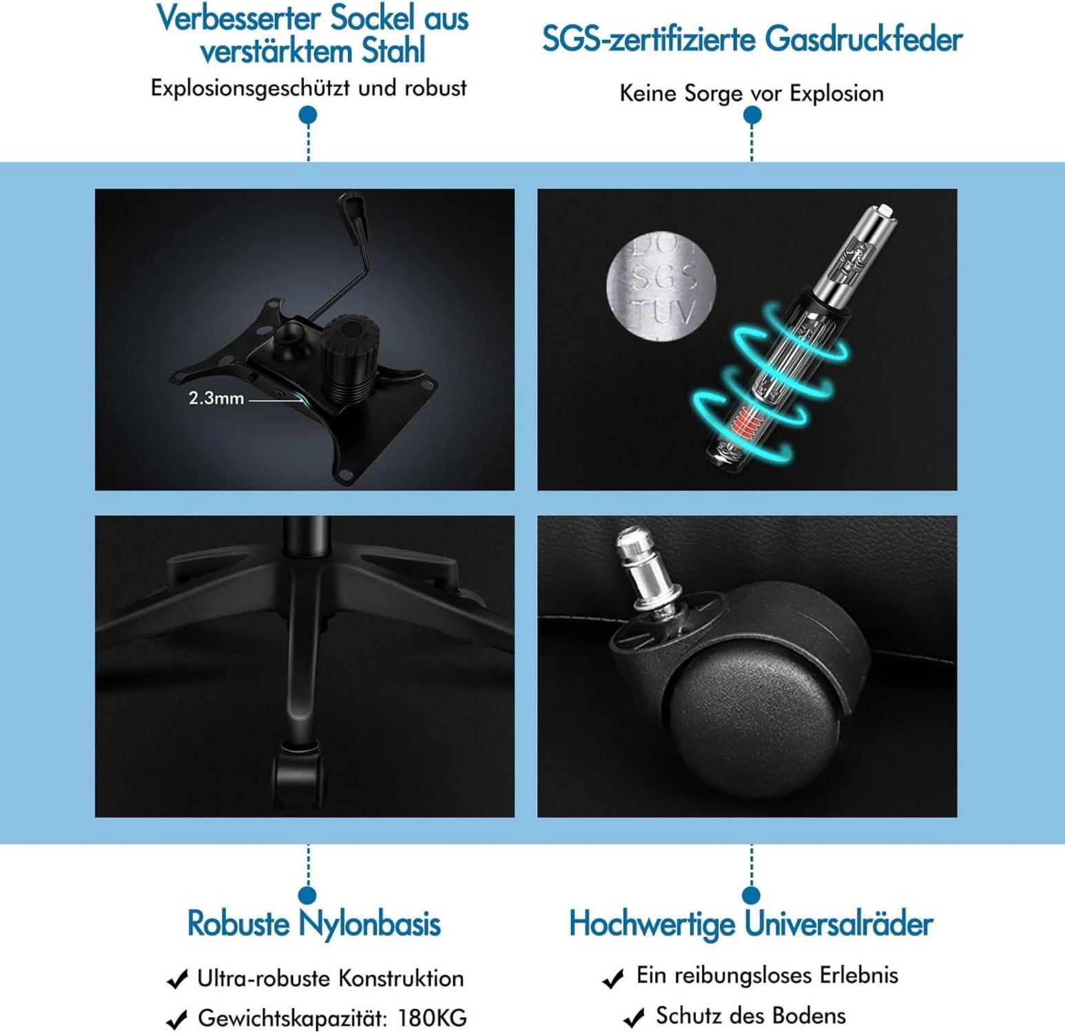 Ergonomischer Bürostuhl mit Lendenstütze, Kopfstütze, klappbaren