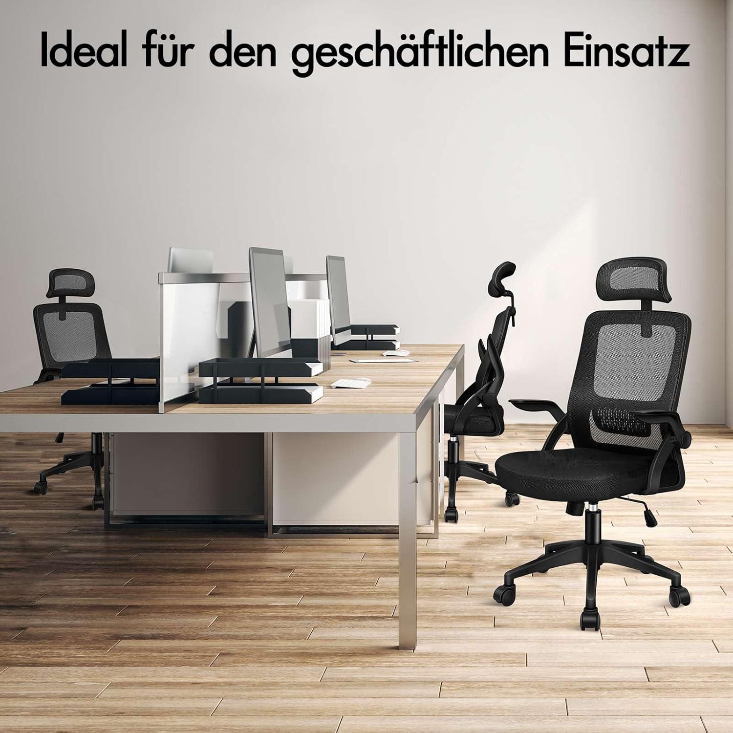 Ergonomischer Computer-Netzstuhl mit Lordosenstütze, Kopfstütze, Armlehnen, neigbar - Schwarz