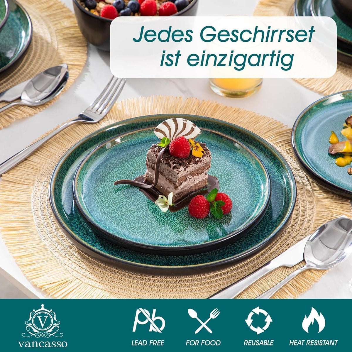 Steingut Geschirrset 24tlg für 6 Personen, Grün