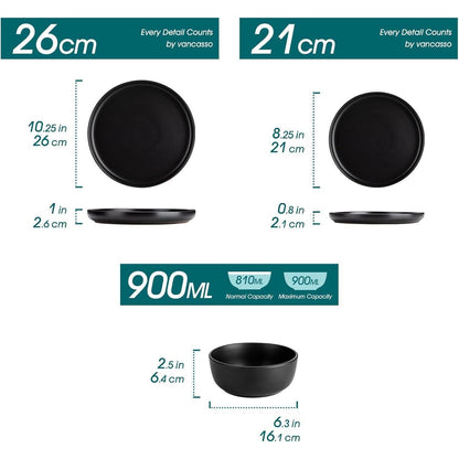 Steingut Geschirrset 18tlg für 6 Personen Schwarz
