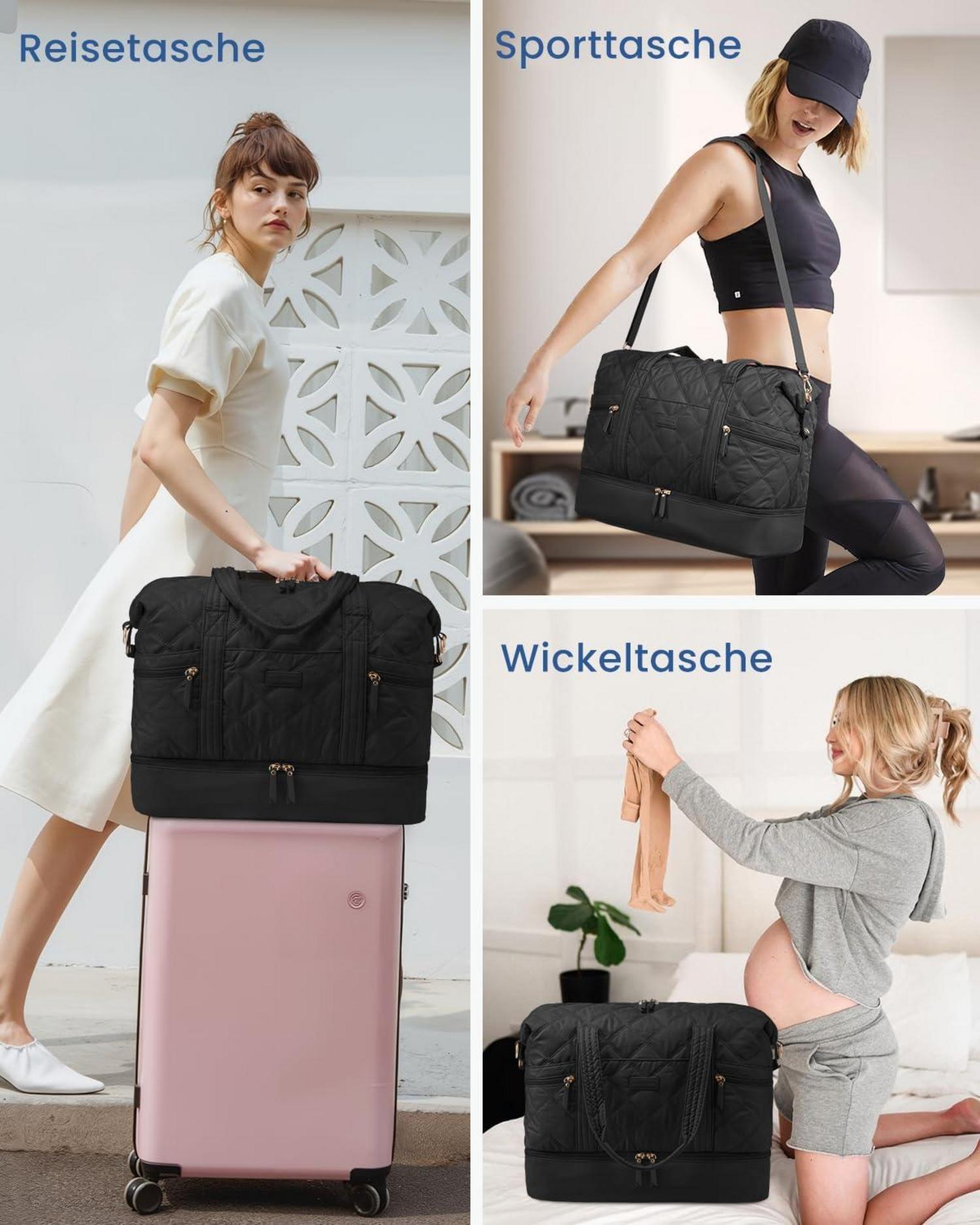 Große Reisetasche Damen Schwarz Weekender mit Schuh- und Nassfach