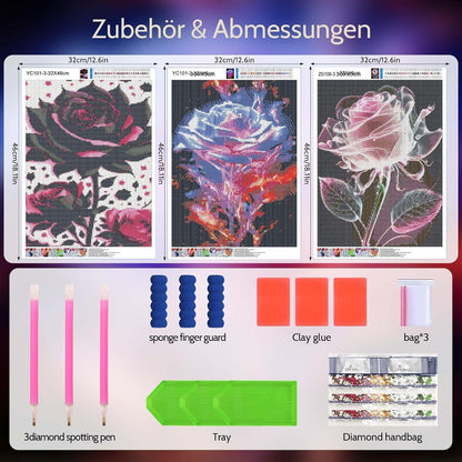 Diamond Painting Blumen 3er Set – Komplettes DIY Kit 30x40 cm