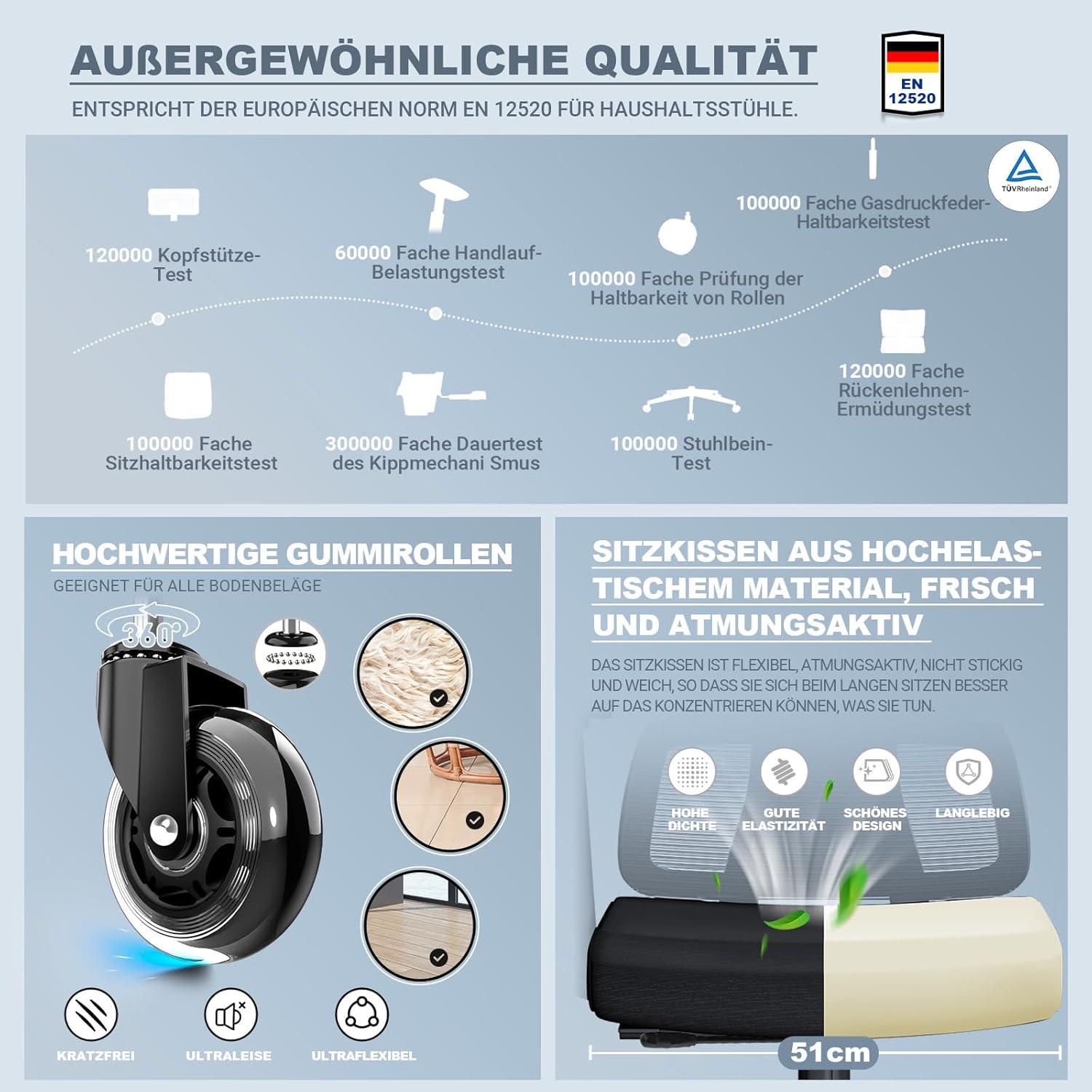 Bürostuhl ergonomisch 200KG ReliefBack Pro, 4D-Armlehnen, Gummirollen