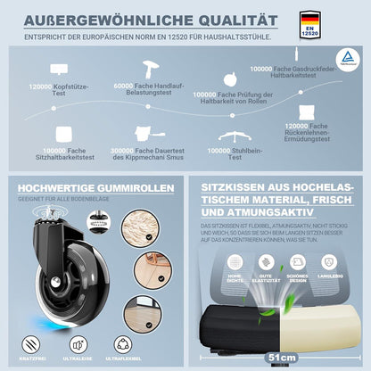 Bürostuhl ergonomisch 200KG ReliefBack Pro, 4D-Armlehnen, Gummirollen