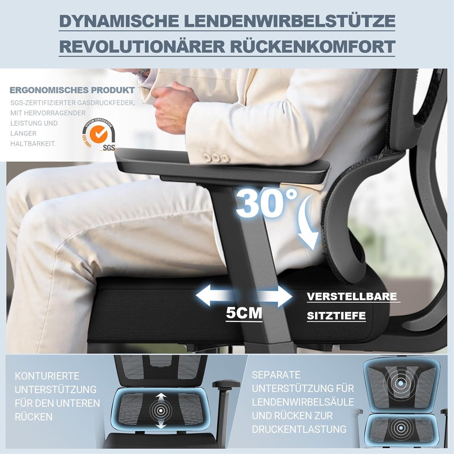 Bürostuhl 200KG Ergonomisch 4D-Armlehnen Sitzverstellung Gummirollen
