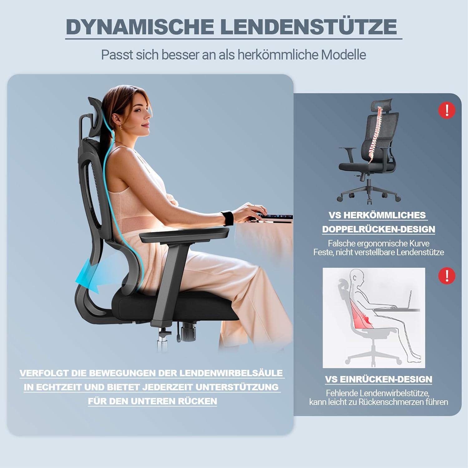 Ergonomischer Bürostuhl 200KG 4D-Armlehnen Sitzverstellung Gummirollen