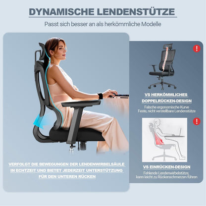 Ergonomischer Bürostuhl 200KG 4D-Armlehnen Sitzverstellung Gummirollen
