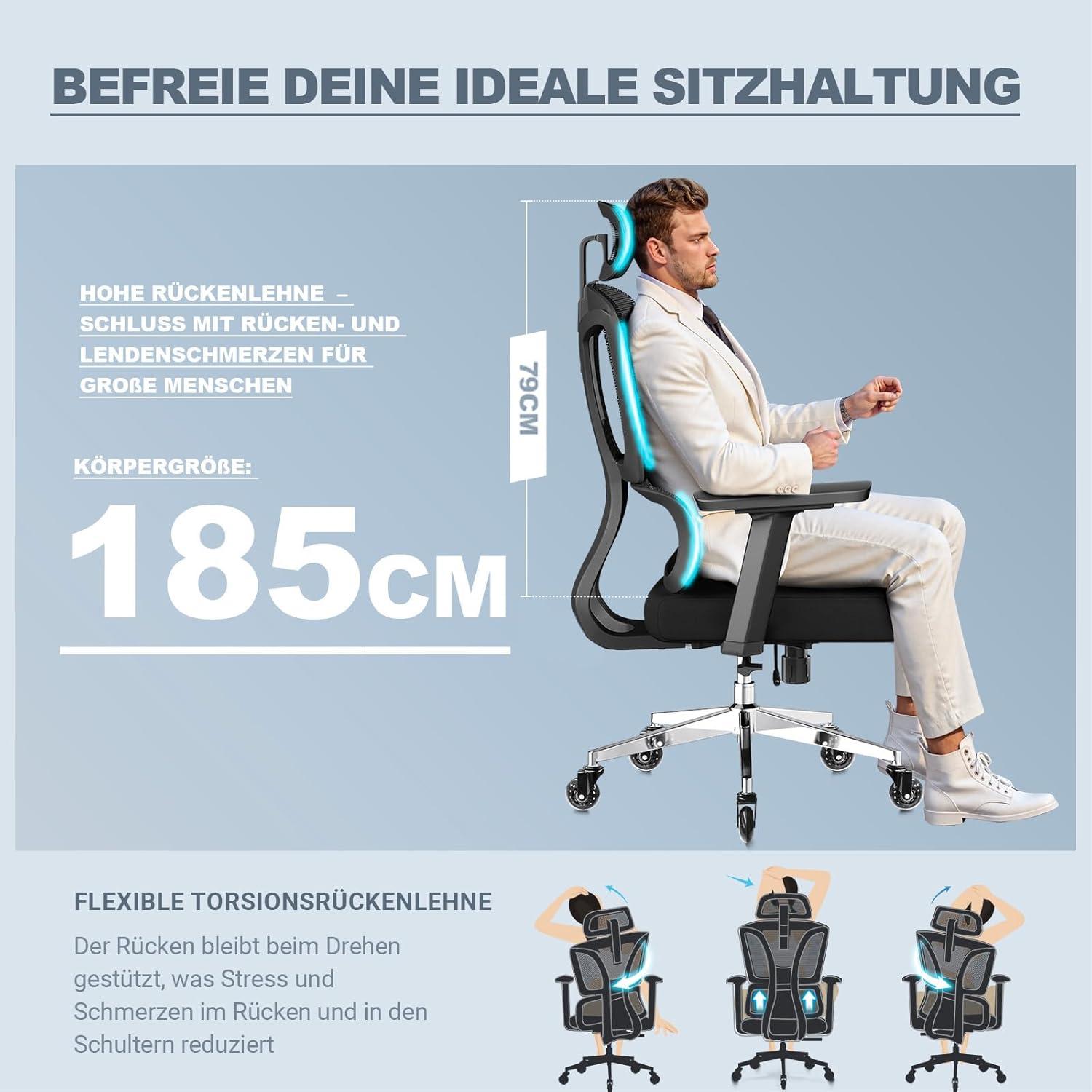Bürostuhl 200KG Ergonomisch 4D-Armlehnen Sitzverstellung Gummirollen