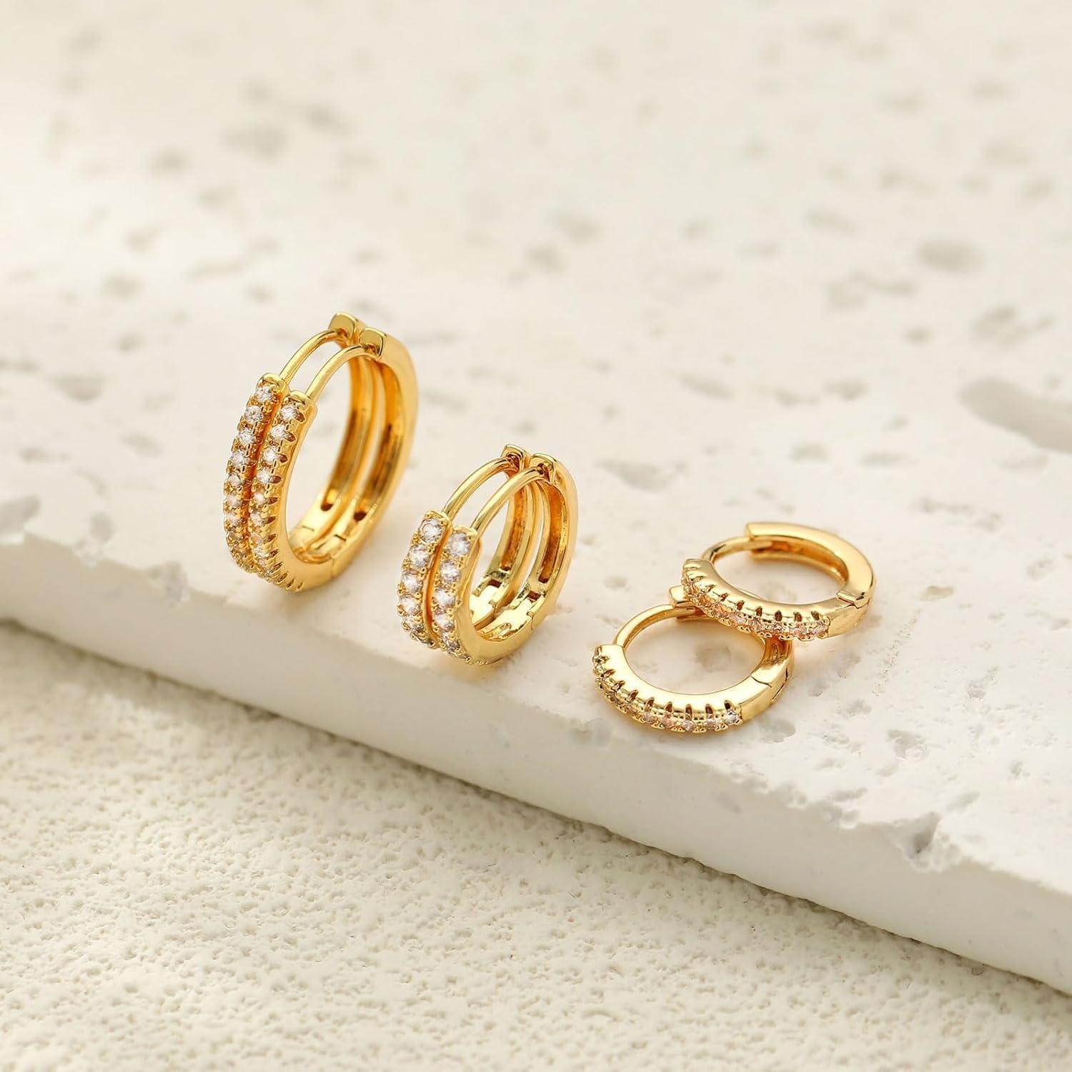 Damen Ohrringe Set 3 Paar Creolen Silber 925 Gold 14K Vergoldet Mini Ohrschmuck