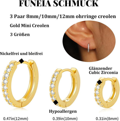3 Paar Creolen Silber 925 Gold Damen Ohrringe Set 14K Vergoldet Mini