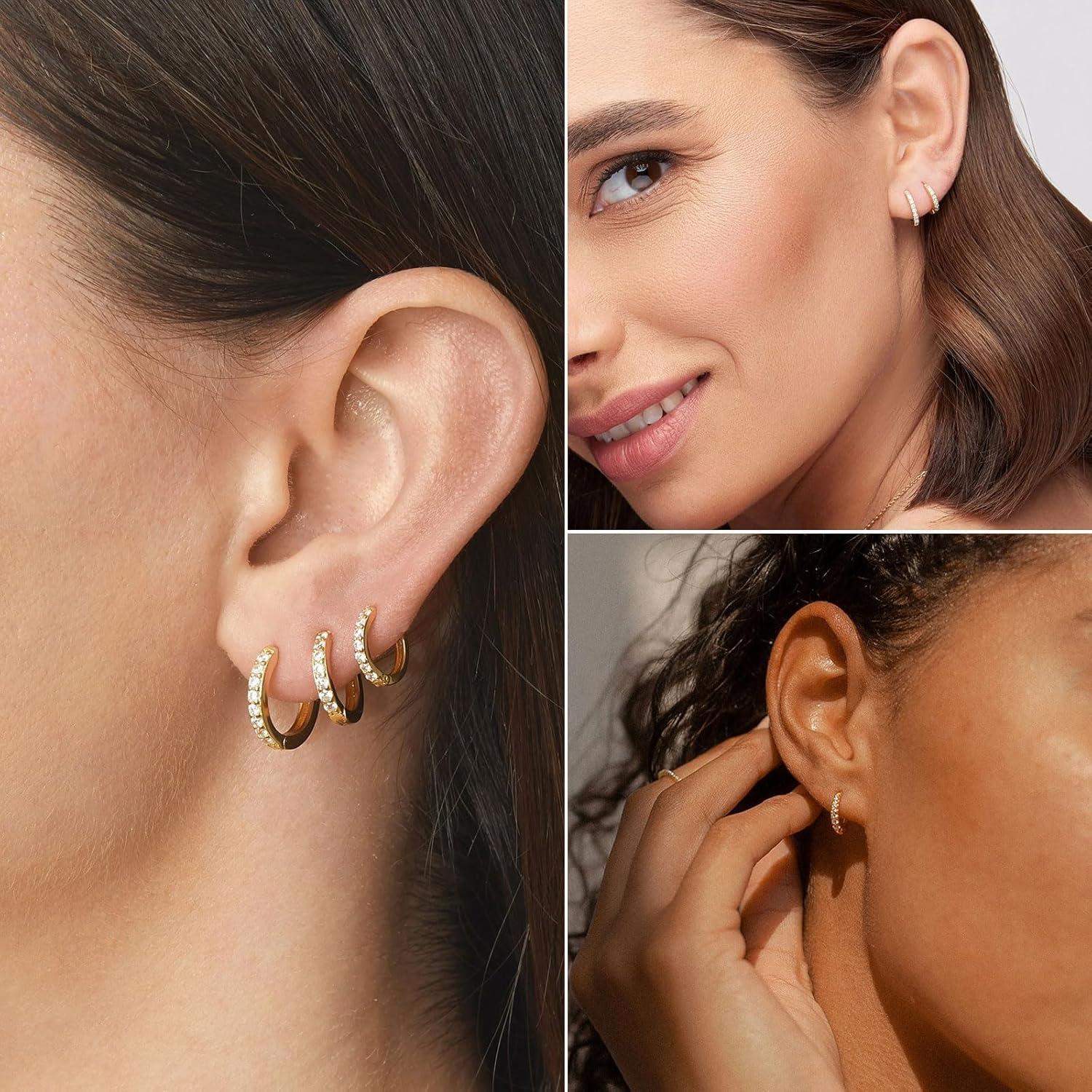 Damen Ohrringe Set 3 Paar Creolen Silber 925 Gold 14K Vergoldet Mini Ohrschmuck